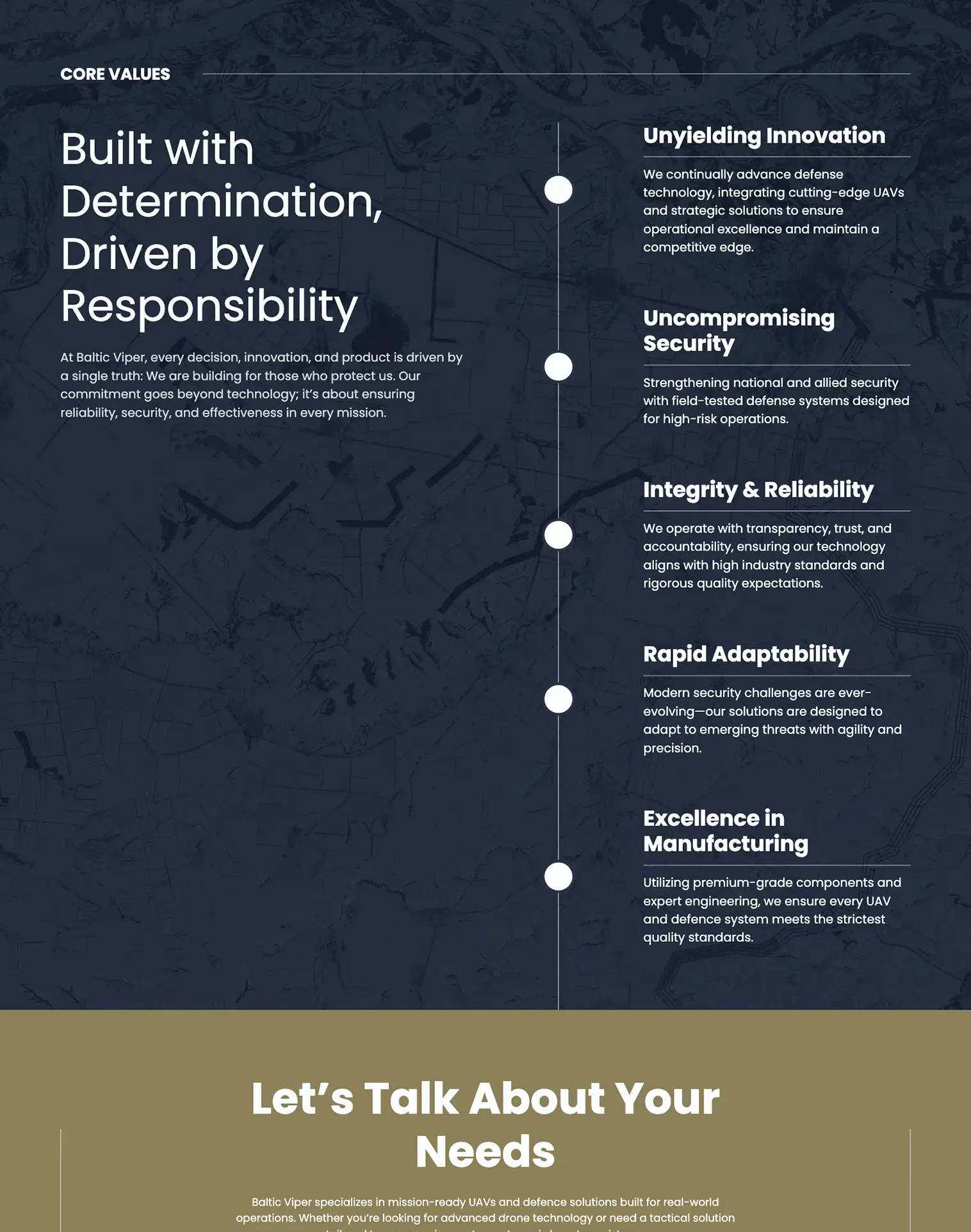 Baltic Viper website About Us section highlighting company core values: innovation, security, reliability, adaptability, and manufacturing excellence.