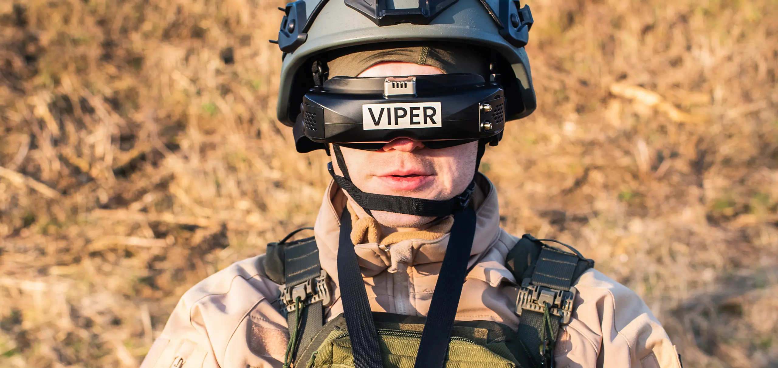 Operator wearing Baltic Viper drone headset and tactical gear during field testing.