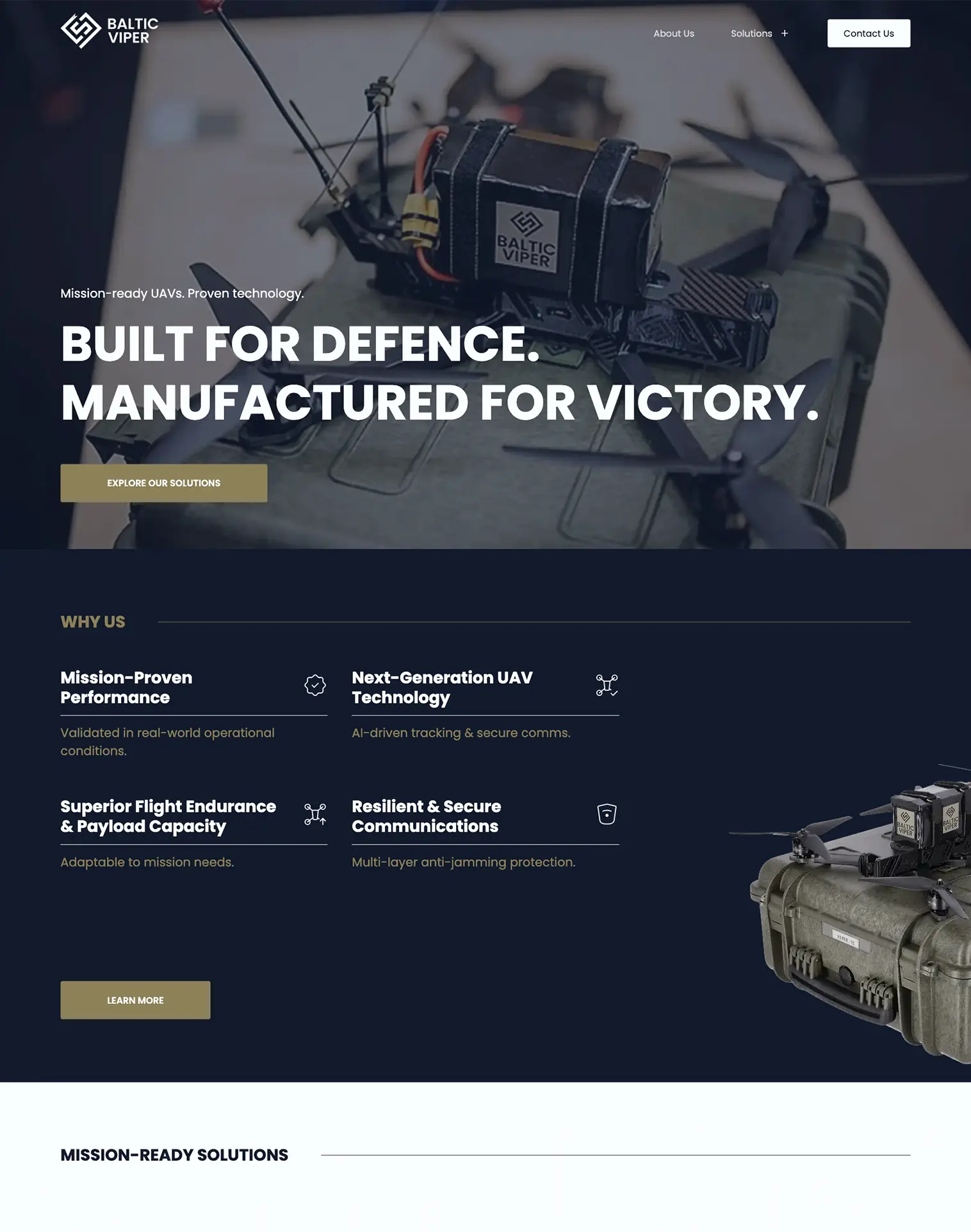 Homepage design for Baltic Viper UAV technology company, featuring mission-ready drone and tagline “Built for Defence. Manufactured for Victory.”