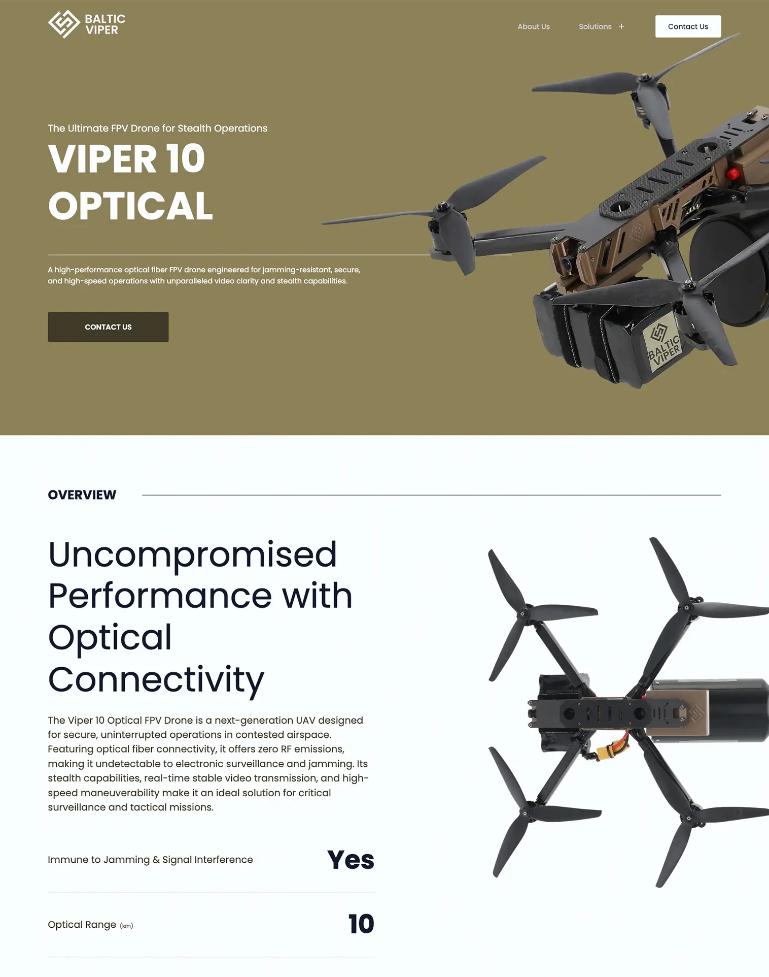Website design for Baltic Viper Viper 10 Optical FPV Drone, highlighting optical connectivity and anti-jamming performance. Developed by Anemo Agency.