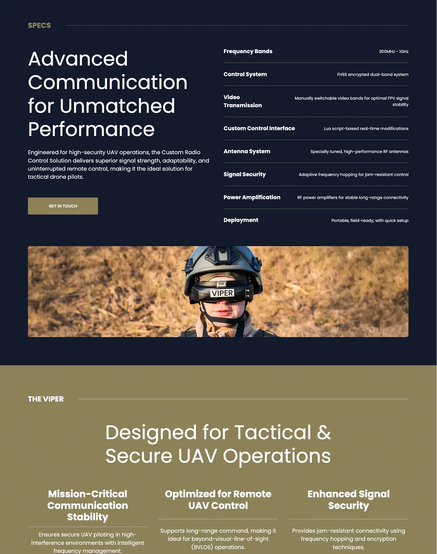 Baltic Viper UAV specifications page highlighting advanced communication, secure UAV operations, and tactical drone control.