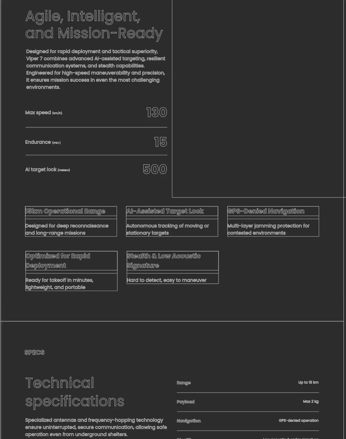 Baltic Viper drone technical specifications highlighting max speed, endurance, AI-assisted targeting, and GPS-denied navigation.
