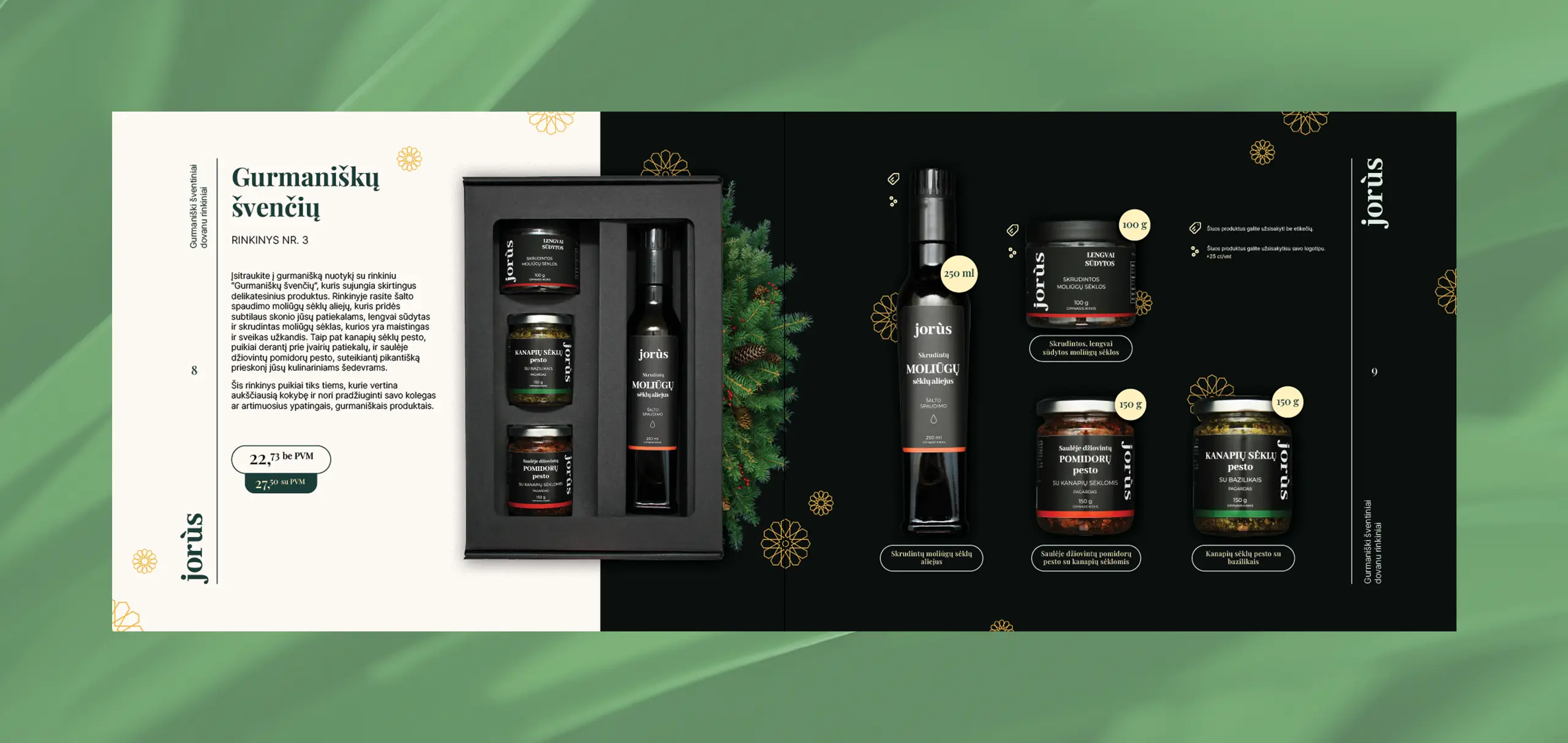 Jorùs gourmet holiday gift set featuring cold-pressed pumpkin seed oil, hemp seed pesto, and tomato pesto. Product catalog design by Anemo Agency.