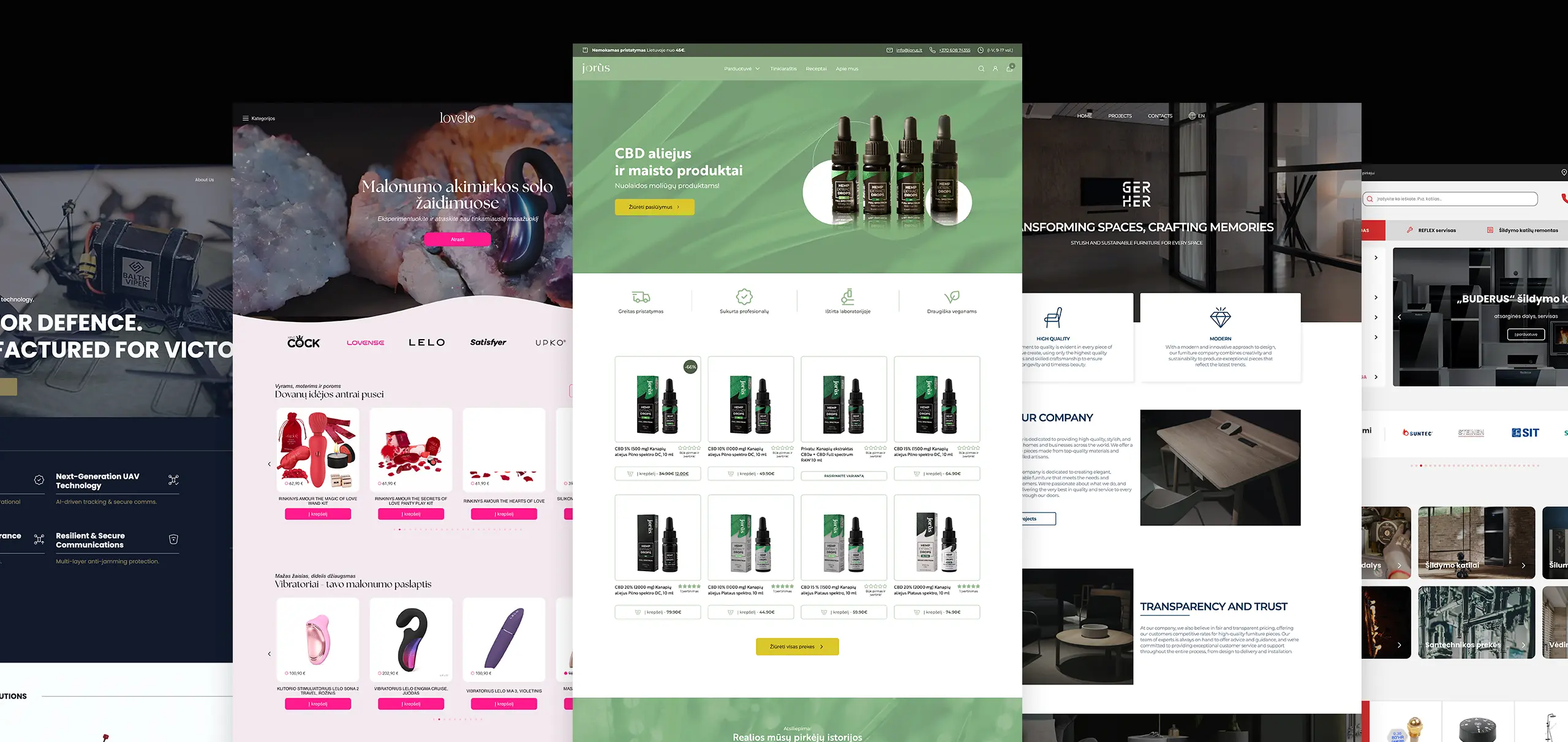 Portfolio collage of websites developed by Anemo Agency, including Baltic Viper UAV technology, Lovelo lifestyle brand, Jorùs hemp products, Gerher furniture, and an e-commerce store.